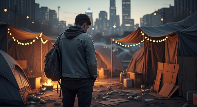 Young Man in Homeless Camp at Dusk, City Skyline Background