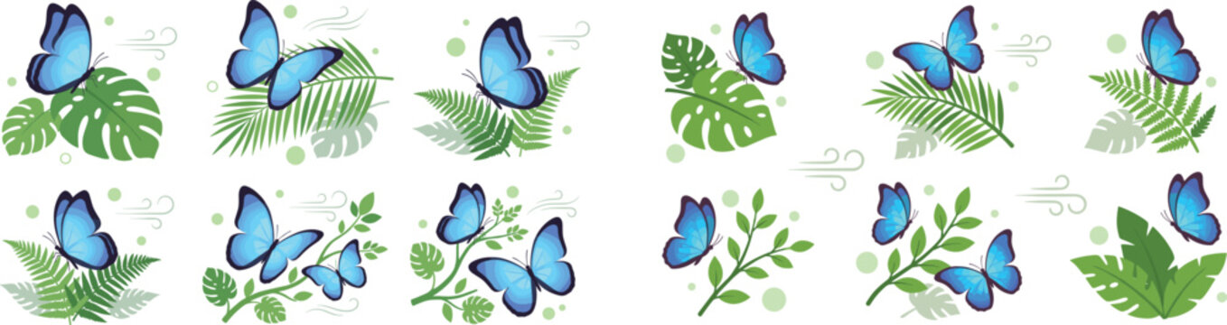 Tropical Blue Morpho Butterfly Vector Illustration Set Featuring Exotic Jungle Leaves like Monstera and Palm Fronds for Botanical Gardens and Summer Themed Designs