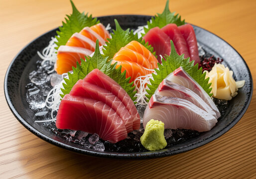 氷の上に盛り付けられた透明感のある新鮮な魚介の刺身盛り合わせ