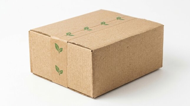 Eco-friendly brown cardboard delivery box with green leaf symbols, representing sustainable packaging and organic products, perfect for e-commerce and responsible shipping, isolated on a white back...