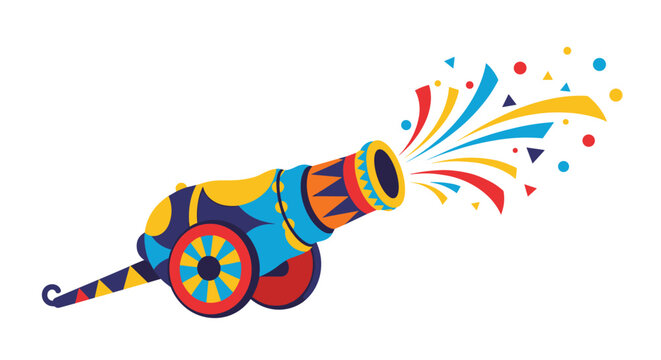 Colorful circus style cannon shooting out a burst of streamers and confetti representing celebration, joy, and festive events.