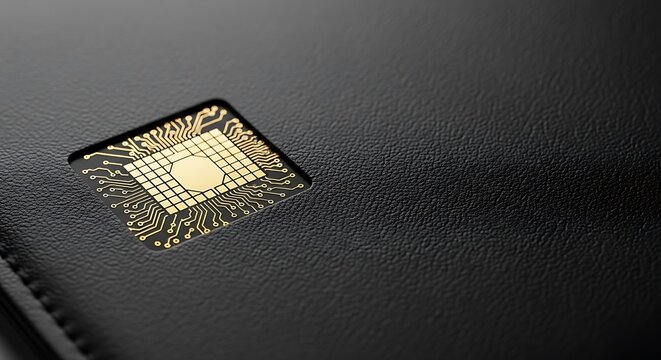 Microchip processor integrated into a dark textured surface representing advanced digital technology and data security concepts high resolution image