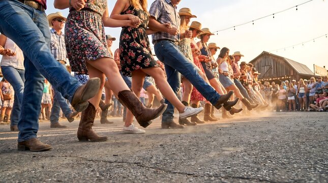 Line dancers wearing western cowboy boots perform a rhythmic coordinated dance routine during a lively country music festival event outdoors.
