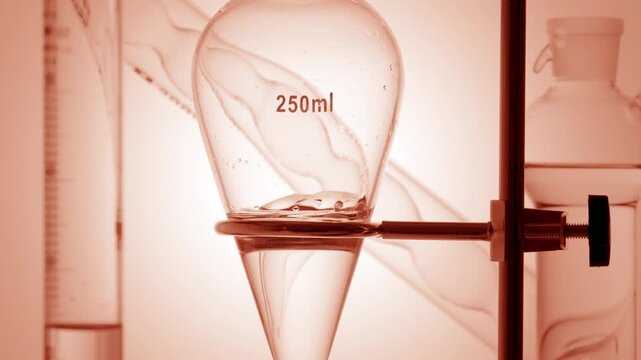 Chemistry arrangement with ball absorber, graduated cylinder, bulb condenser, separatory funnel as crystal clear liquid is injected, filling flask and making waves inside on round beige platform