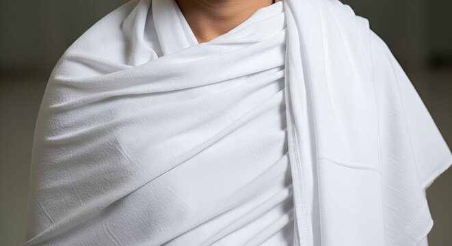 Person draped in flowing white fabric, serene texture, soft light, elegant drape, peaceful garment