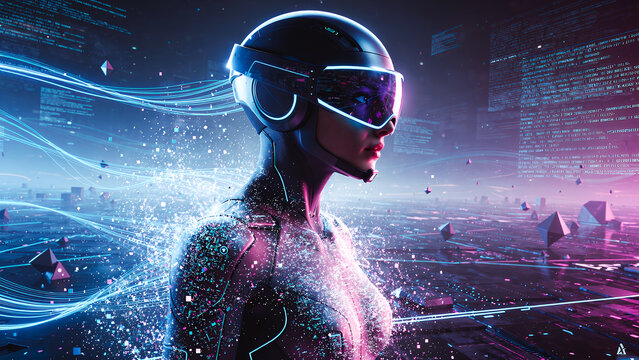 A photorealistic human avatar stands at the edge of a digital world, half its body dissolving into glowing particles and data streams, a reflective helmet visor, a neon blue and purple color palette.