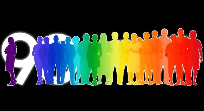 Diverse Crowd Silhouette with Rainbow Colors and Number 99