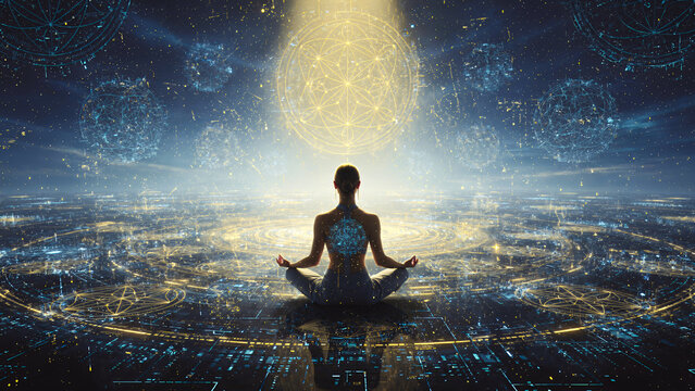 A lone figure meditating amidst an infinite digital cosmos, surrounded by floating sacred geometry and glowing data constellations, a serene atmosphere, soft blue and gold tones, surreal concept art.