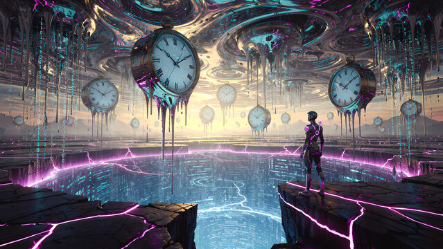 A surreal metaverse landscape where the sky melts like molten chrome, a giant floating clock dissolves into binary code, and glowing neon cracks split the ground, revealing a digital void.