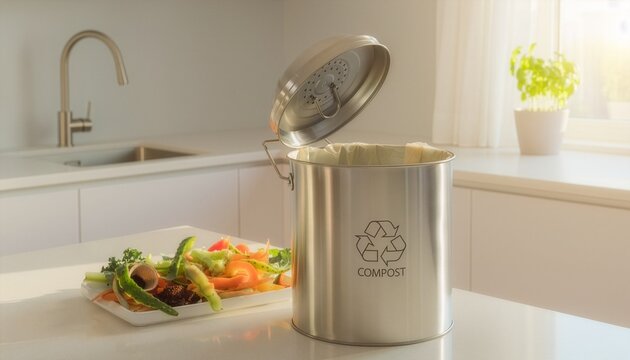 Stainless steel compost bin for kitchen counter suitable for food scraps, plate, vegetable peelings, and trash storage solution.