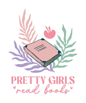 Pretty girls read books quote lettering retro boho art
