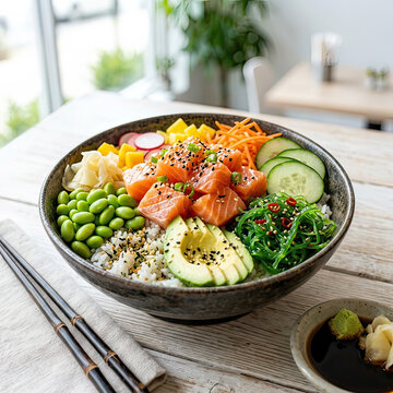 Healthy Salmon Poke Bowl with Avocado, Edamame, and Fresh Vegetables Served on a Rustic Wooden Table