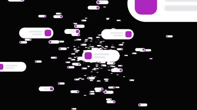 UI Toggle Switches and Digital Buttons Flying Towards Camera with Purple Accents on Black Background