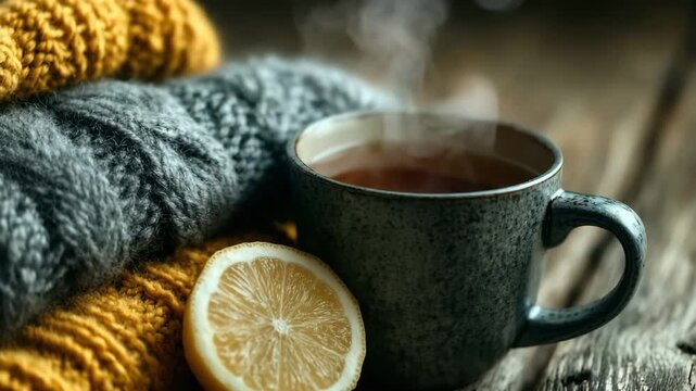 Natural ways to reduce flu duration. Steaming tea in ceramic mug with lemon slice beside knitted wool scarves on rustic wooden table evoking warmth and cozy autumn comfort.