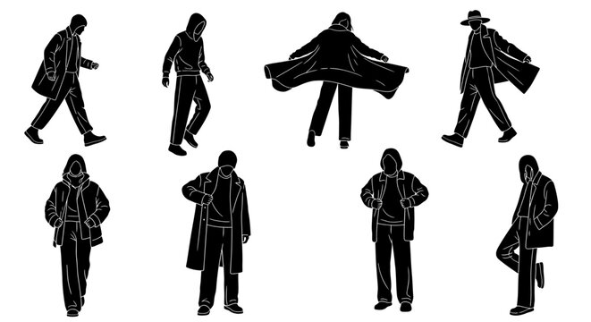 Set of black silhouettes of people in stylish winter outerwear