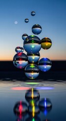Fototapeta premium Rainbow, colorful, shiny bubbles floating, sunset background