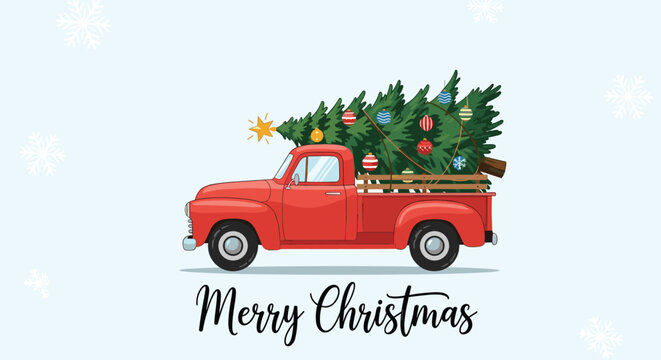 Classic red pickup truck carrying a decorated Christmas tree in its bed with the text Merry Christmas below it.