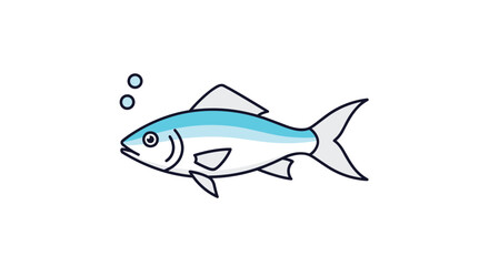 Fototapeta premium Blue and white fish swims peacefully while blowing small bubbles in a clean and simple underwater themed cartoon illustration.