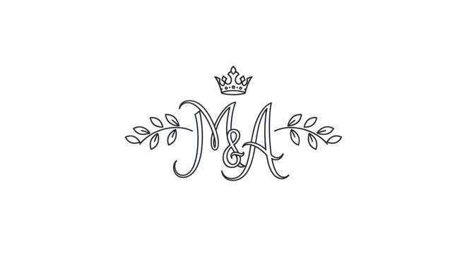 Elegant Monogram MA with Crown and Laurel Wreath, Royal Wedding Logo