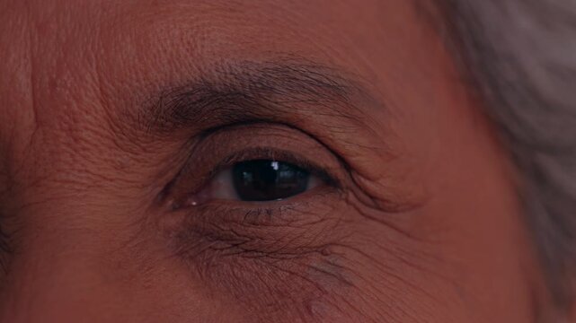 Macro closeup portrait of senior elderly man dark eye showing deep skin wrinkle and natural aging process revealing quiet wisdom thoughtful calm expression clear vision forward observation