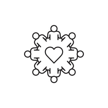 Circle of people holding hands around a heart.