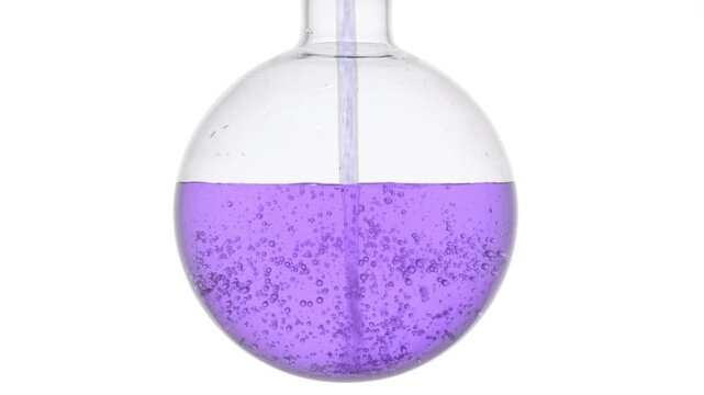 Violet transparent solution injected through a long dropper into a round-bottom flask, causing swirls and bubbles displayed on white | Lavender hydrosol beauty product formulation concept