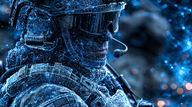 Futuristic Soldier: A technologically advanced soldier in advanced combat gear, illuminated by a cool blue digital aura, embodies the future of warfare and defense systems.