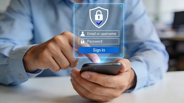 Secure mobile login interface with password entry and authentication shield, biometric security concept for accessing private accounts safely