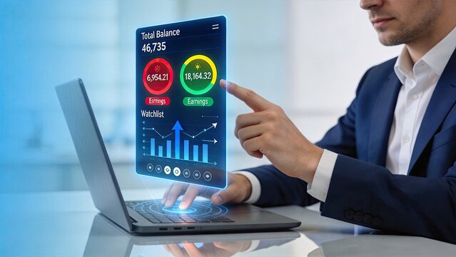 Financial dashboard hologram showing total balance earnings watchlist, investment portfolio tracking interface, stock market analysis graph, wealth management fintech application