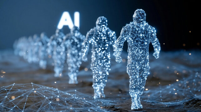 AI Generation, Future of Technology: A procession of humanoid figures composed of glowing digital particles marches forward, representing the advancement and omnipresence of artificial intelligence.