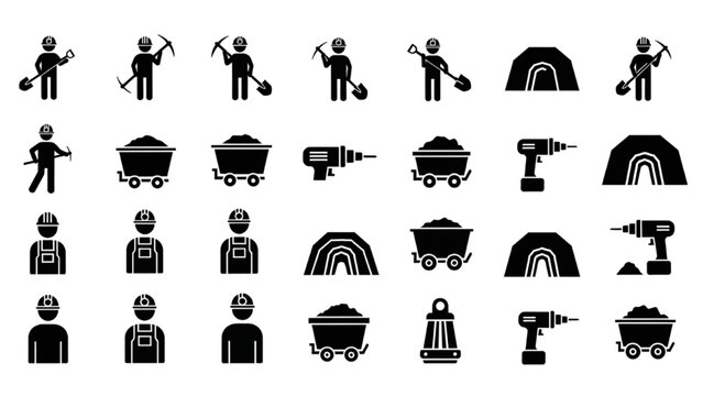 Mining Worker Silhouette Vector Icon Sheet, Underground Tunnel Digging, Pickaxe, Shovel and Heavy Coal Mine Equipment Symbols Set, Black Safety Shapes