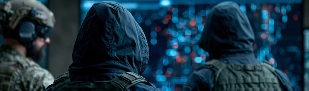 Shadowy Surveillance: Three figures in hooded vests observe a complex digital display, suggesting a scene of intense strategy and covert operations.