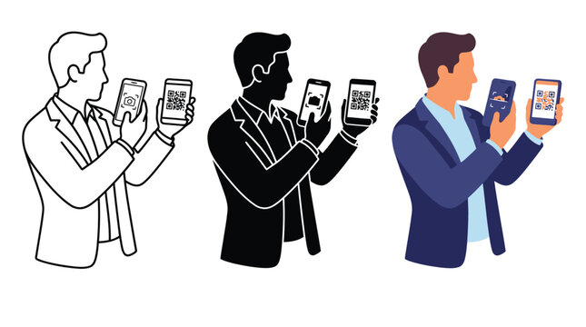 Professional man using a mobile device to scan a quick response code presented in three different artistic styles including outline silhouette and colorful flat graphic design