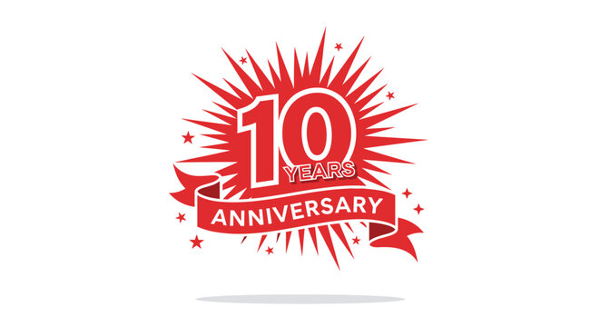 Red and white 10 years anniversary logo features a bold number and a ribbon with stars to celebrate a decade of success and achievement.
