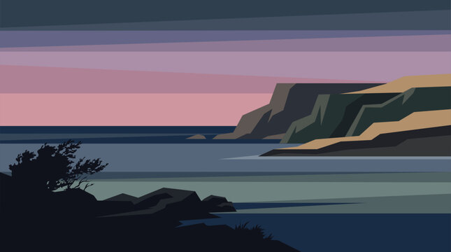 Minimalist flat vector landscape of coastal cliffs and ocean at twilight