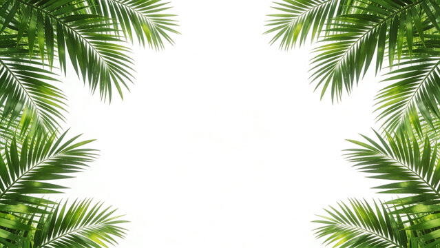 features a symmetrical layout with a white background bordered by green palm leaves on both the left and right sides.