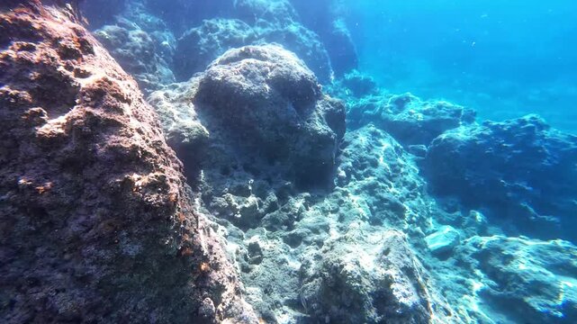 Underwater footage by an amateur diver. Deep sea 4k video from Marmaris, Mugla. Underwater environment. Summer vacation, adventure, action, adrenaline concept. 