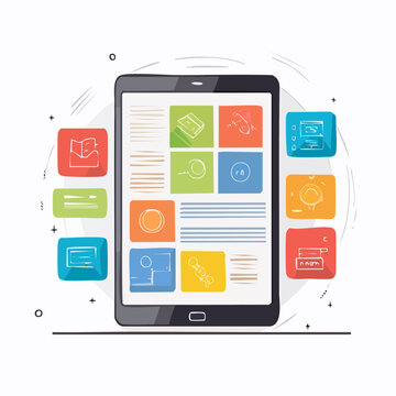 Tablet with colorful app icons and content