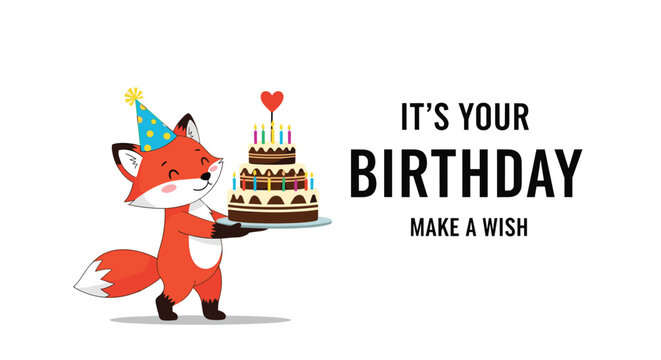 Adorable red fox wearing a party hat and holding a multi-layer chocolate birthday cake with candles and a heart.