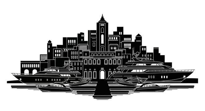 Luxury yacht harbor skyline silhouette, minimalist travel concept
