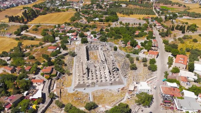Didim, Turkey. Temple of Apollo at Didyma, monumental stone steps and towering Ionic columns, aerial drone view over the ancient sanctuary ruins. Aerial View