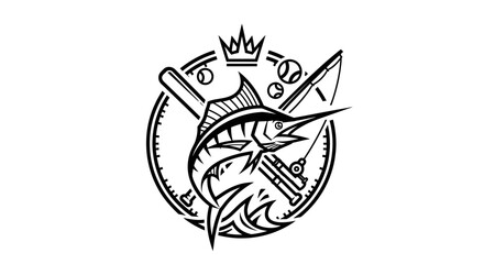 Fototapeta premium Majestic marlin jumping in a circular sports emblem with baseball bat, fishing rod, and royal crown. Black and white illustration for fishing and baseball.