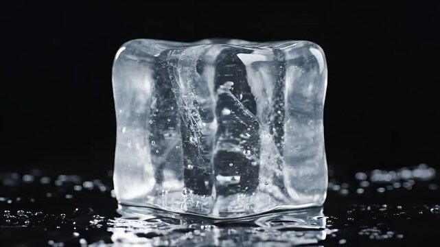 Close up of a single ice cube melting on a reflective surface.