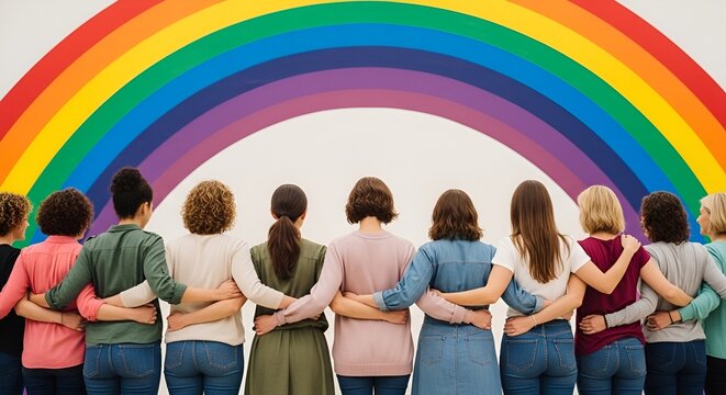 Diverse group of women standing together, arms around each other, in front of a vibrant rainbow.