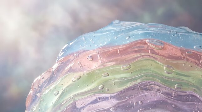 Abstract Macro Shot of Transparent Pastel Rainbow Gel Texture with Tiny Air Bubbles, Soft Aesthetic Cosmetic Background