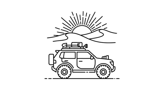 Adventure Off-Road SUV in Desert Landscape Line Art. Travel Vehicle Exploring Sand Dunes at Sunrise or Sunset Illustration.