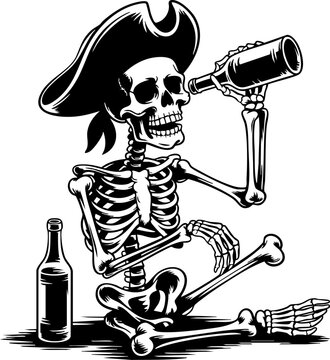 A skeleton dressed as a pirate sits on the ground with a bottle and flask