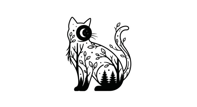Mystical cat illustration with nature elements, branches, leaves, trees, and crescent moon eye. Black and white minimalist art.