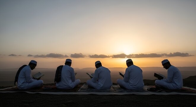 Group of men reading holy books outdoors at sunset, spiritual gathering on hilltop