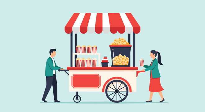 Man and woman operating a traditional red and white striped popcorn cart in a flat vector style illustration for food vendors.